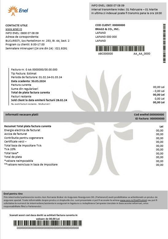 Romania Enel electricity proof of address business utility bill template in Word and PDF formats (2)